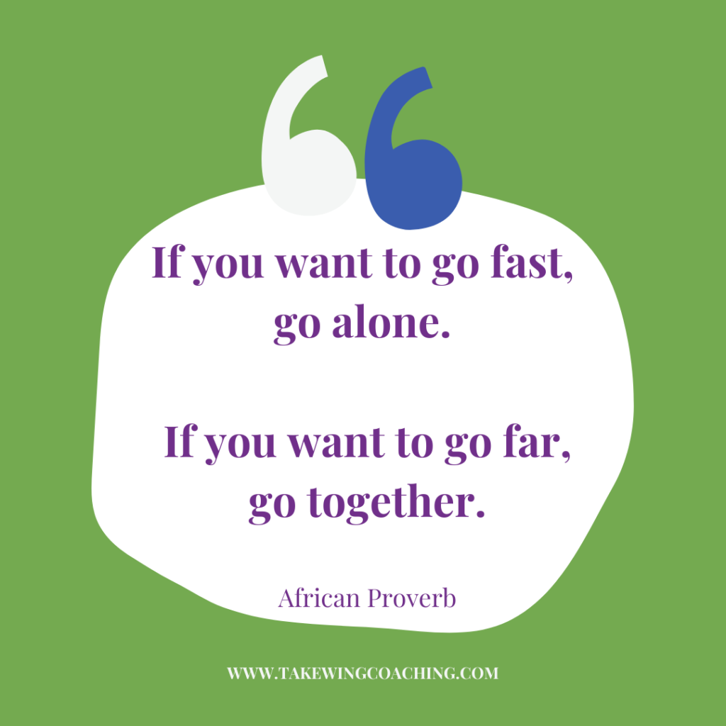Business Vision Quote:  If you want to go fast, go alone. If you want to go far, go together. African Proverb in purple lettering. In light blue lettering at the bottom, www.takewingcoaching.com.